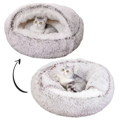 LIT ROND EN PELUCHE AVEC TOIT POUR CHIEN DE PETITE TAILLE ET CHAT, CHAUD, DOUX ET CONFORTABLE, PETIT NID DOUILLER POUR NOS ANIMAUX DE COMPAGNIES