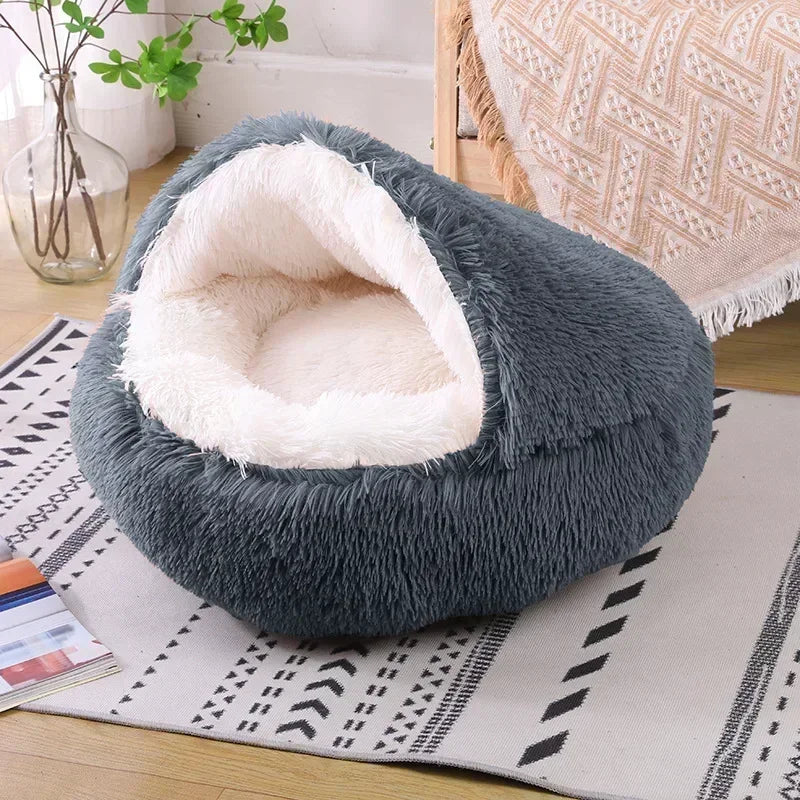 LIT ROND EN PELUCHE AVEC TOIT POUR CHIEN DE PETITE TAILLE ET CHAT, CHAUD, DOUX ET CONFORTABLE, PETIT NID DOUILLER POUR NOS ANIMAUX DE COMPAGNIES