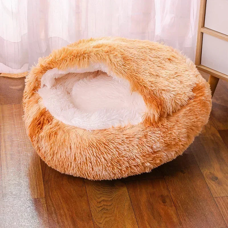 LIT ROND EN PELUCHE AVEC TOIT POUR CHIEN DE PETITE TAILLE ET CHAT, CHAUD, DOUX ET CONFORTABLE, PETIT NID DOUILLER POUR NOS ANIMAUX DE COMPAGNIES