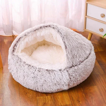 LIT ROND EN PELUCHE AVEC TOIT POUR CHIEN DE PETITE TAILLE ET CHAT, CHAUD, DOUX ET CONFORTABLE, PETIT NID DOUILLER POUR NOS ANIMAUX DE COMPAGNIES