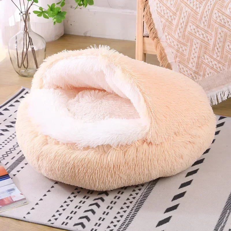 LIT ROND EN PELUCHE AVEC TOIT POUR CHIEN DE PETITE TAILLE ET CHAT, CHAUD, DOUX ET CONFORTABLE, PETIT NID DOUILLER POUR NOS ANIMAUX DE COMPAGNIES