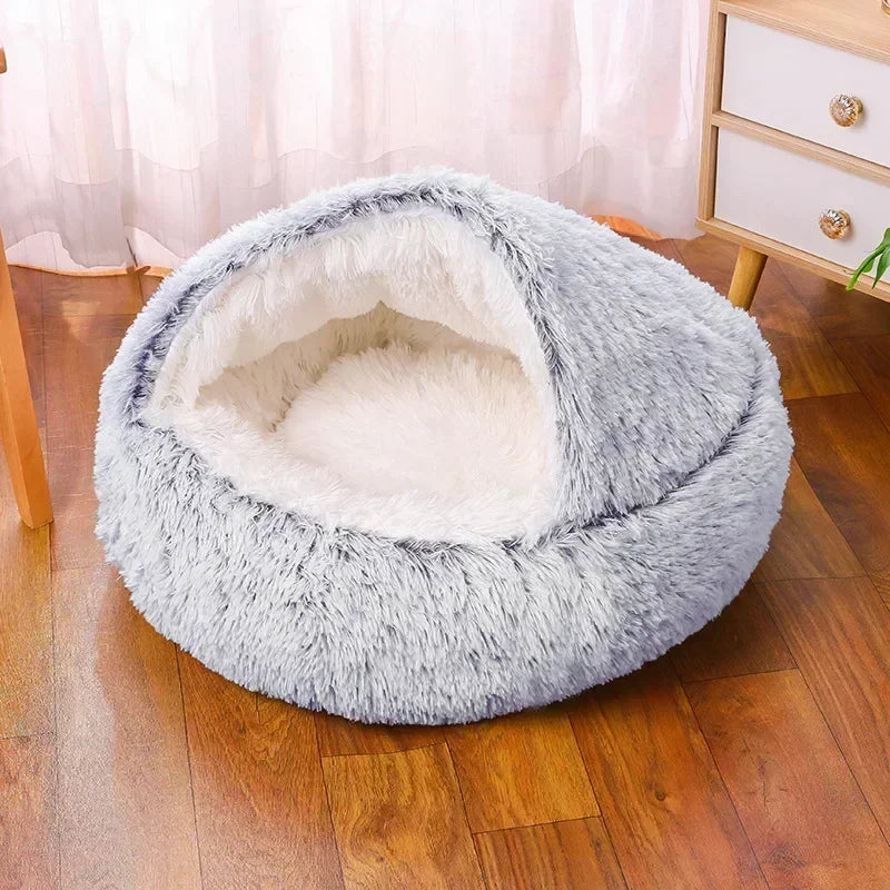 LIT ROND EN PELUCHE AVEC TOIT POUR CHIEN DE PETITE TAILLE ET CHAT, CHAUD, DOUX ET CONFORTABLE, PETIT NID DOUILLER POUR NOS ANIMAUX DE COMPAGNIES