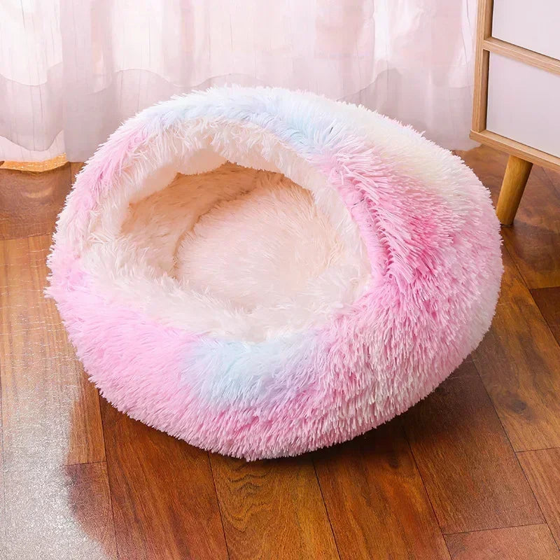 LIT ROND EN PELUCHE AVEC TOIT POUR CHIEN DE PETITE TAILLE ET CHAT, CHAUD, DOUX ET CONFORTABLE, PETIT NID DOUILLER POUR NOS ANIMAUX DE COMPAGNIES