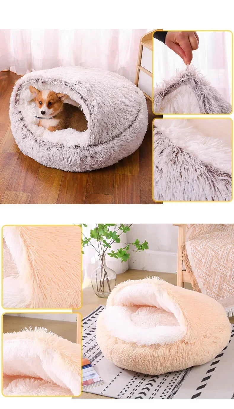 LIT ROND EN PELUCHE AVEC TOIT POUR CHIEN DE PETITE TAILLE ET CHAT, CHAUD, DOUX ET CONFORTABLE, PETIT NID DOUILLER POUR NOS ANIMAUX DE COMPAGNIES